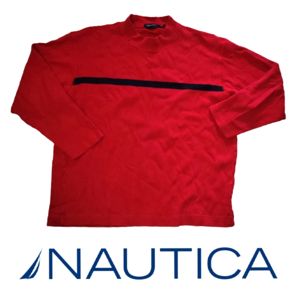 Nautica Pullover Mock Neck Sweater Red Navy Blue Stripe Size XXL 2XL - Picture 1 of 8